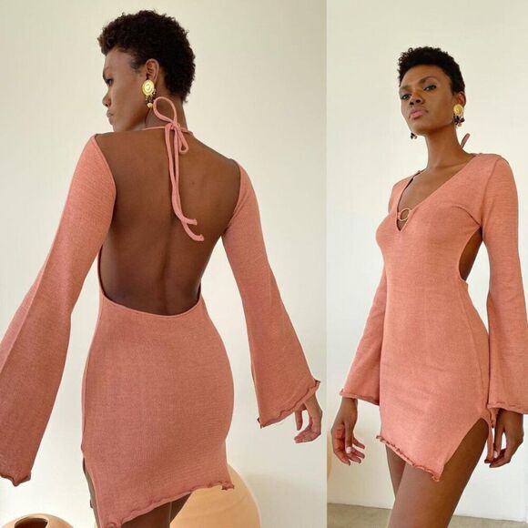 Savannah Morrow Yara Dress In Peach NWT Long Sleeve Cotton Mini - Picture 1 of 8